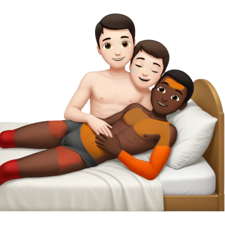 Dark hair White male laying back on the bed naked kissing black male emoji