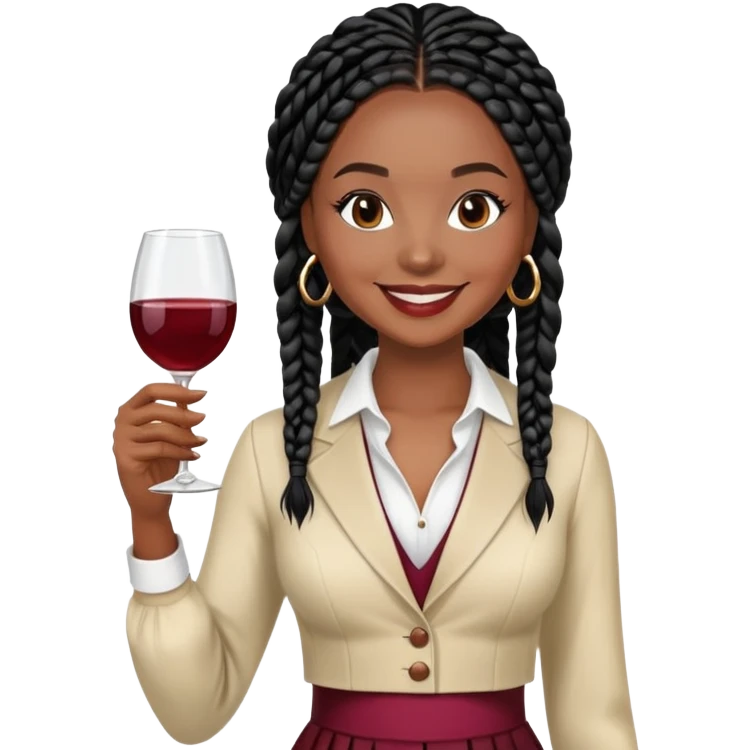 A darker-brown-skinned Black woman with black box braids, holding a wine glass in one hand, smiling or relaxed, wearing a cozy or elegant outfit. emoji