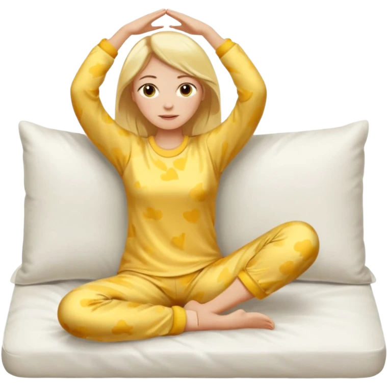 woman with blond hair in yellow pajamas, stretching after waking up on a white pillow, classic iOS emoji style emoji