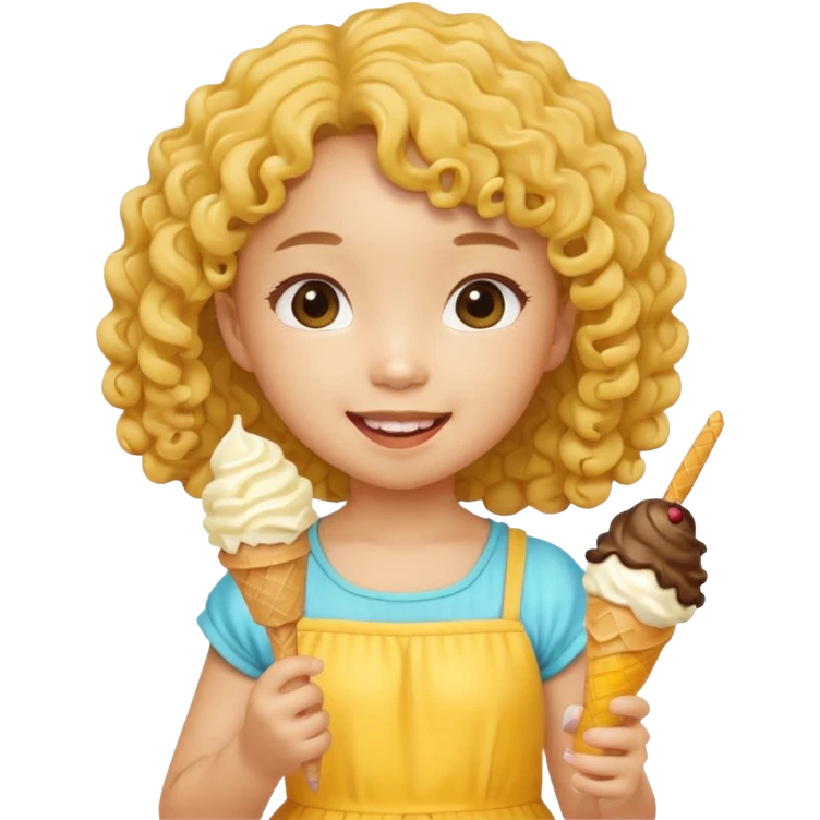 a little asian girl kid with curly hair, yellow dress, eat ice cream emoji