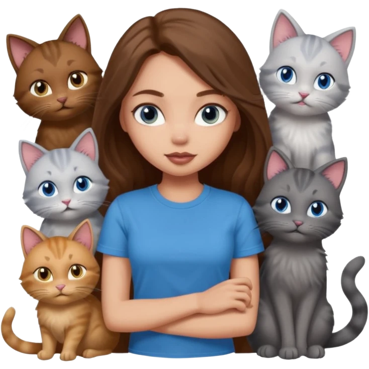 a pretty bratz dusky light skin girl with long brown hair, blue eyes with six cats nd wearing a grey tshirt emoji