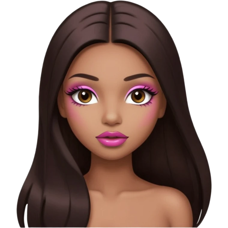 Glamourous, light brown skin tone, very beautiful nude girl, with big plump pink shiny lips, long long lashes, black straight smooth silky long hair, straight parting hair, brown eyes, muscled nude body emoji