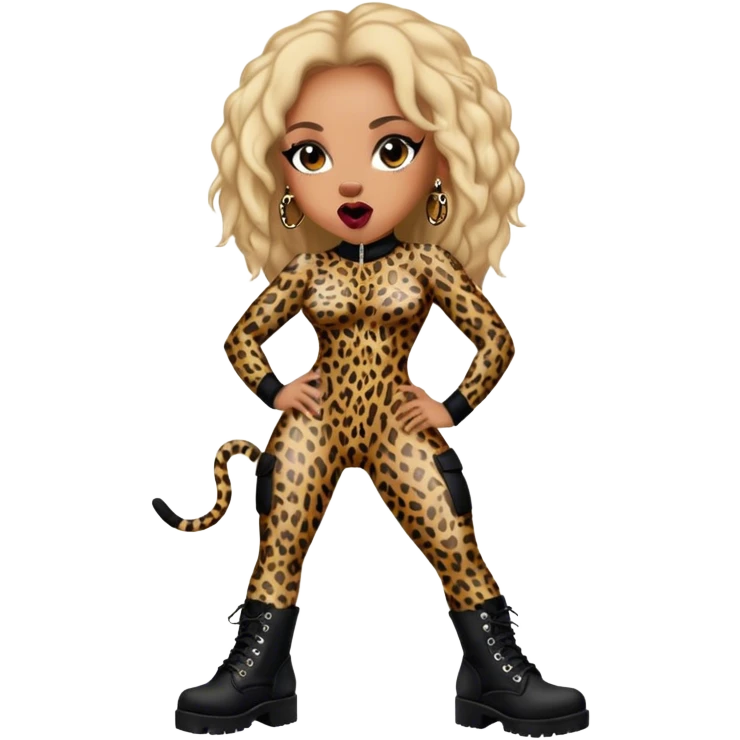 Melanie Brown wearing a tight leopard print bodysuit and black combat boots, showing her tongue ring emoji