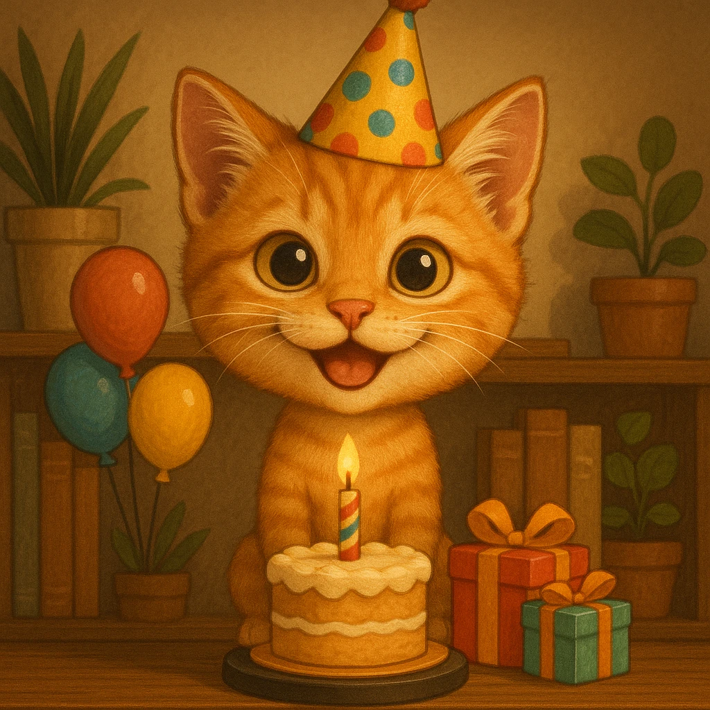 ginger tabby kitten celebrating a birthday, wearing a birthday hat, with birthday cake, balloons, happy expression, and gifts emoji