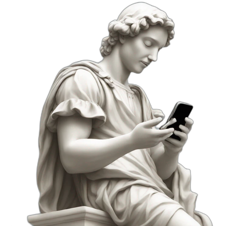 renaissance statue looking at an iphone emoji