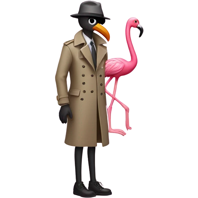 A flamingo in a detective trench coat, investigating a missing shoe emoji