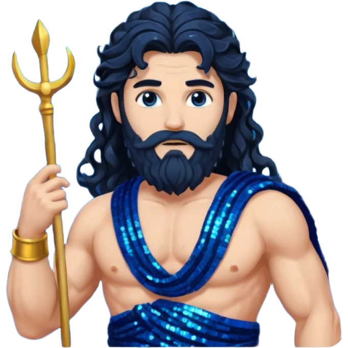 Neptune, God of Sea from Roman Deities with long jet black wavy hair and beard, dark blue sequin toga emoji
