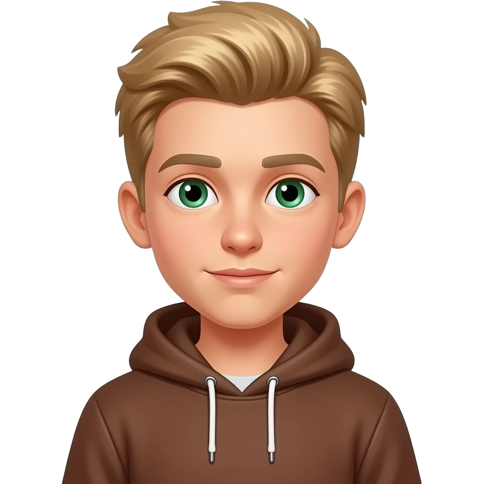 boy, green eyes, brown hoodie, blonde hair with a perm, skinny emoji