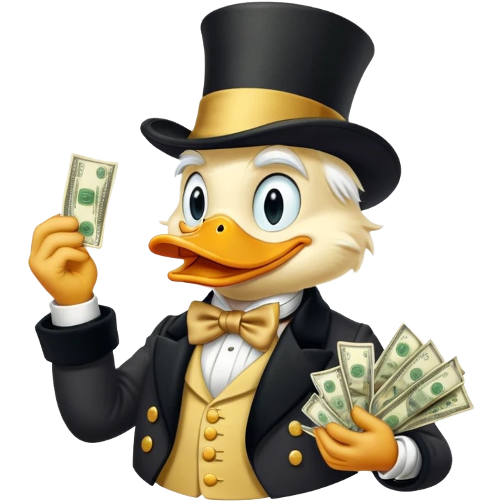 Scrooge McDuck counting money, rich duck character with top hat emoji