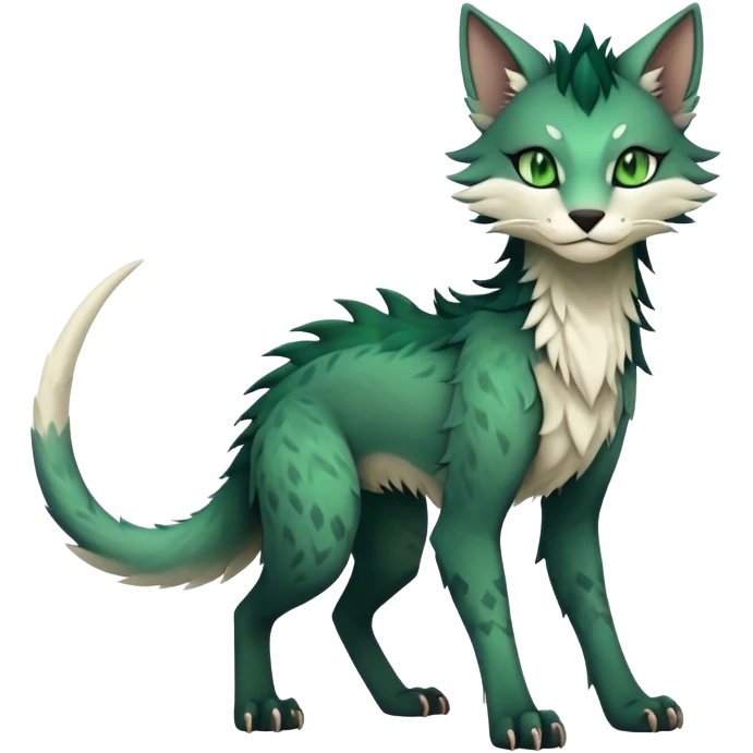 Kawaii dark edgy ethereal feline-vernid-sergal-fursona animal creature with a tufted tail full body with intricate markings with green eyes emoji