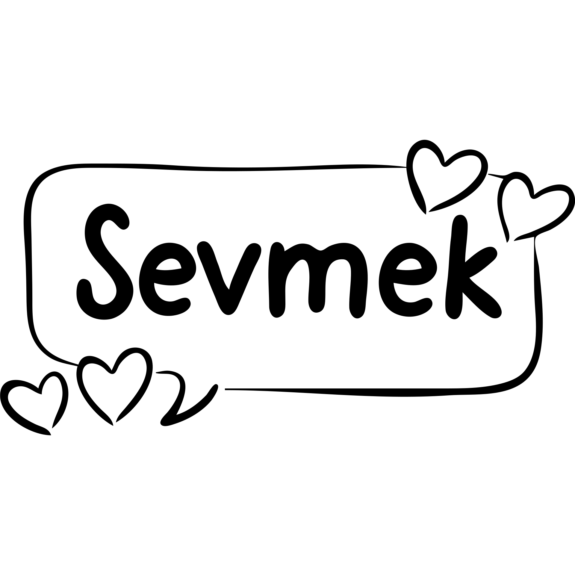 A hand-drawn style icon featuring the word "Sevmek" with love symbols like hearts emoji