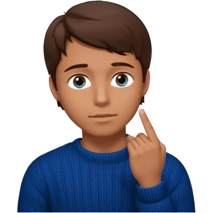 man in black knitted sweater in thinking pose, blue eyes brown hair, index finger touching his chin, eyes looking up to the top right emoji