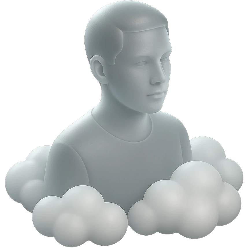 person looking straight, shoulders immersed in fluffy convex white clouds emoji