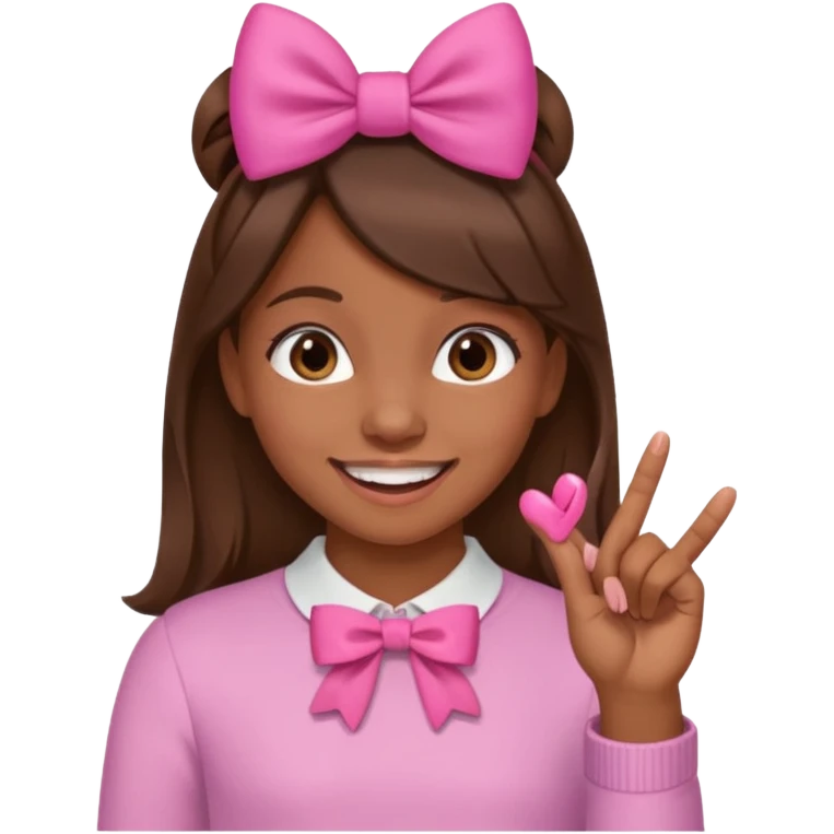 Chica con pelo marron sonriendo con un lazo rosa en la cabeza y mordiendose la punta del dedo indice con delicadeza y la otra mano que no salga en el emoji emoji