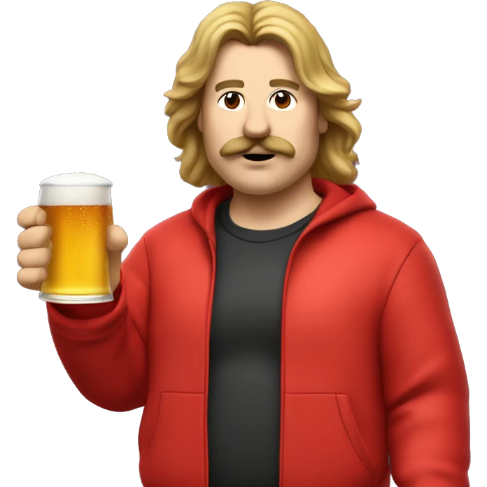 a slightly fat man with long hair and a mullet cut, with a mustache and a beer in his hand, the man is dressed in a red tracksuit, he is putting out a fire emoji