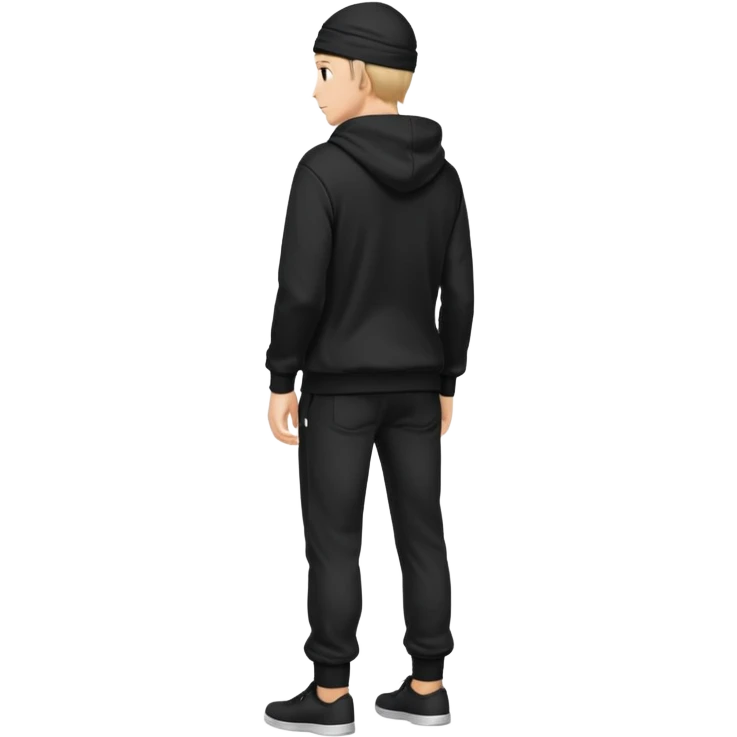 fullbody Mysterious shy caucasian man in black hoodie on head, hands in pockets and black pants rear backview emoji