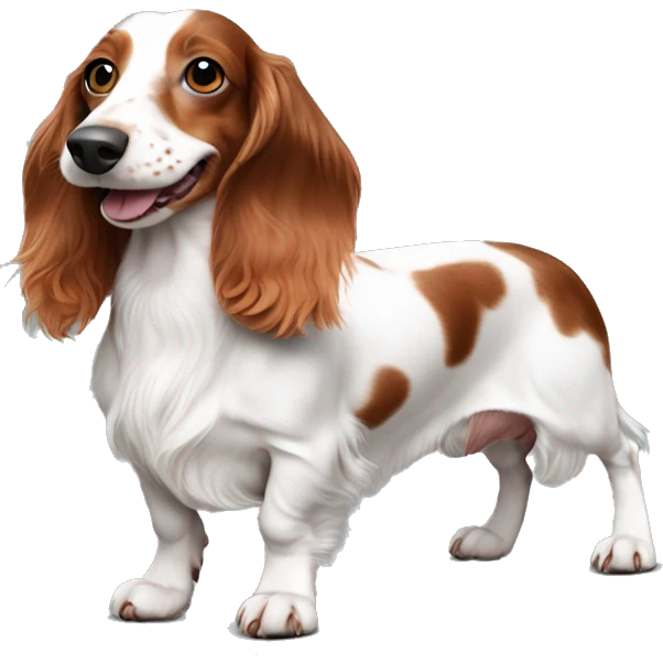 Long haired white and red piebald dachshund smiling with freckles whole body emoji