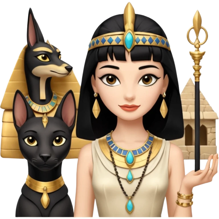 Smiling Witchy-mannered smoky-evil-eyed real Audrey Hepburn cleopatra Protecting silky black-haired tiny chained-adorned statuette-scale Anubis dessert scenery stone-age cracked irregular dwelling  emoji
