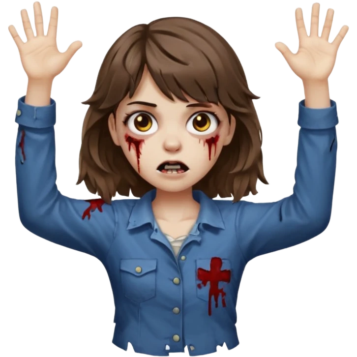 Uma menina zombie com um cabelo ondulado médio, com a franja pro lado esquerdo, o cabelo com cor castanho com as mão pra cima tipo zombie  emoji