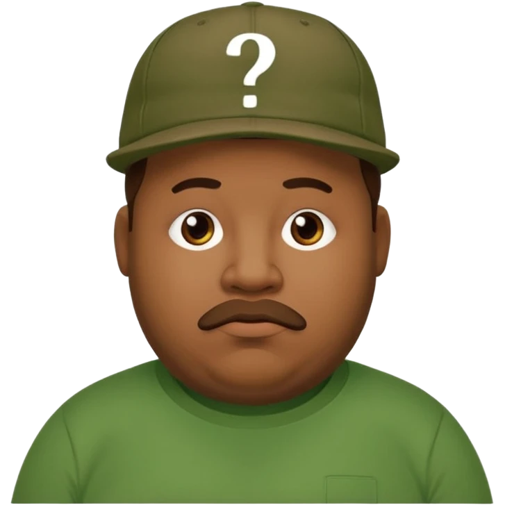 fat man with brown cap and green t shirt printeed a question mark emoji