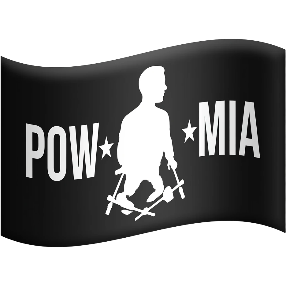 pow (prisoners of war) mia (missing in action) black flag with white graphic with side profile silhouette of a man on it flag emoji