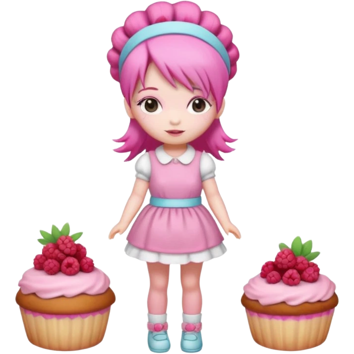 Isolated detaile illustration modern raspberry torte doll figurine full body with pink hair and a pink hairband standing emoji