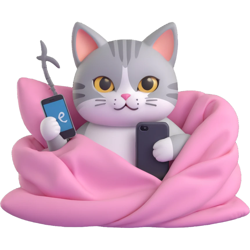 Create a 3D iOS-style illustration of a cute cat with brown and gray ears, lying in pink blankets and holding a phone with a fishbone on it. The style should be soft, rounded, and glossy, similar to Apple 3D emoji aesthetics. emoji