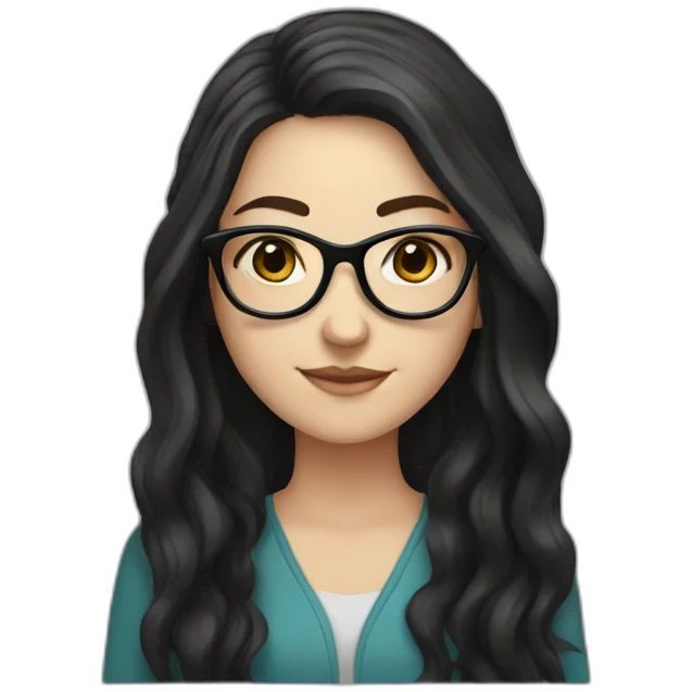 a white girl with long dark hair and hexagon glasses emoji