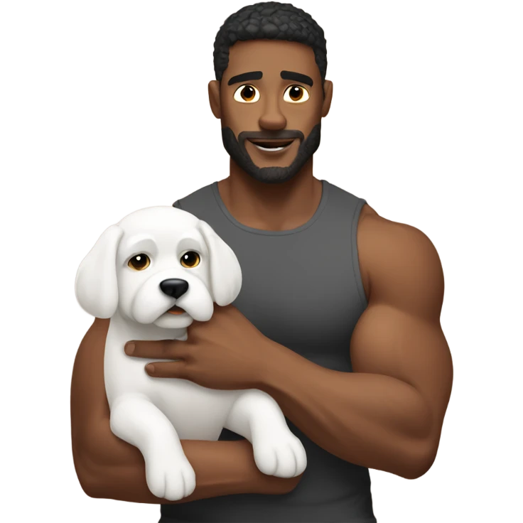 Muscly guy holding small white dog emoji