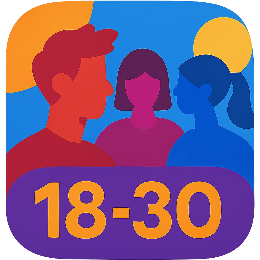 Discord role icon for 18-30 year olds, abstract shapes or silhouettes of young adults, energetic and modern look emoji