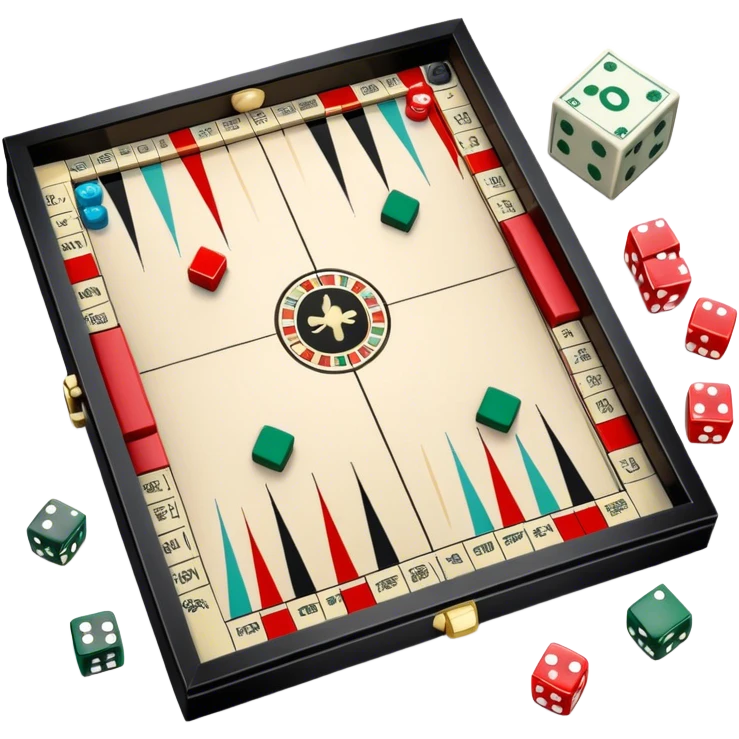 A photorealistic icon featuring a backgammon board with dice, a Monopoly board with money and property cards and a Game of Life spinner. The design captures the detailed textures of the boards, pieces, and accessories. Transparent background. emoji
