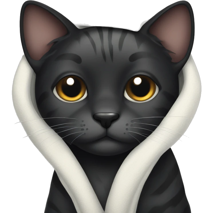 Black tiger cat with white mouth, white neck, with a cozy blanket emoji
