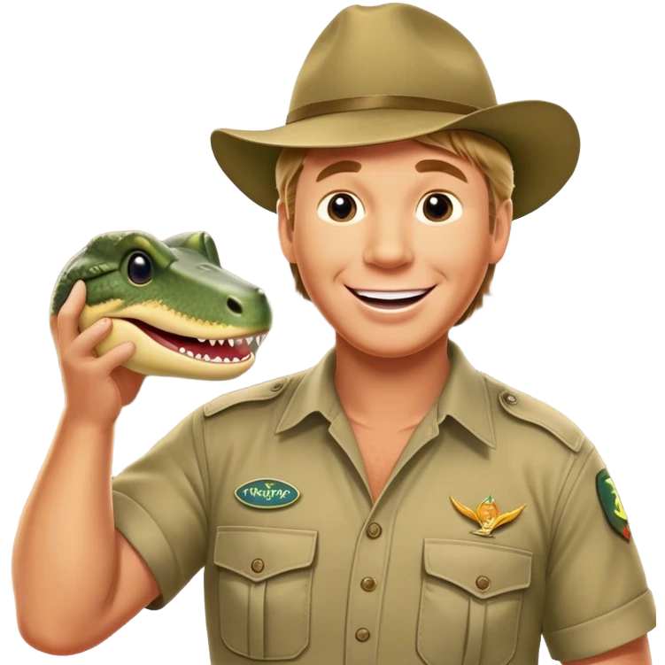Cinematic Realistic Steve Irwin Portrait Emoji, depicted as a passionate wildlife expert in his signature khaki attire with an enthusiastic smile and a backdrop of the Australian outback, rendered with vibrant textures and dynamic natural lighting that captures his adventurous spirit. emoji