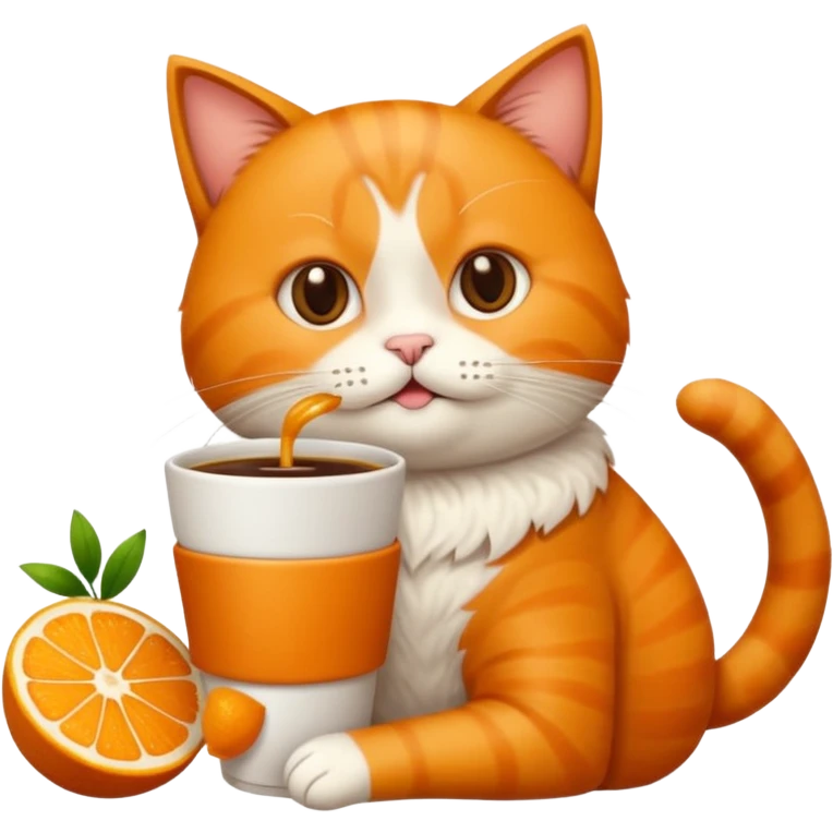 Gato naranja aún lado de un café frio tomando el popote con sus patitas emoji