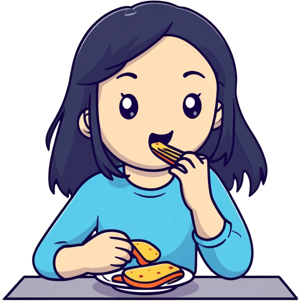 Pale girl with long black hair eating emoji