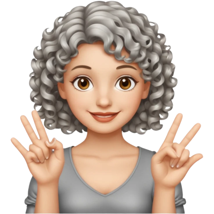 silver, short, wavy-haired with curls, smiling pretty lady, index and middle fingers crossed on one hand, hazel eyes emoji