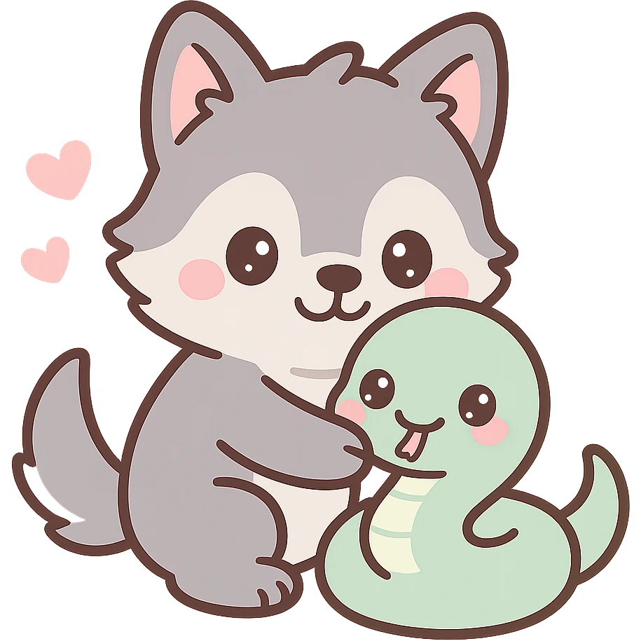 kawaii wolf hugging a kawaii snake, cartoonish, heart shapes, playful expression emoji
