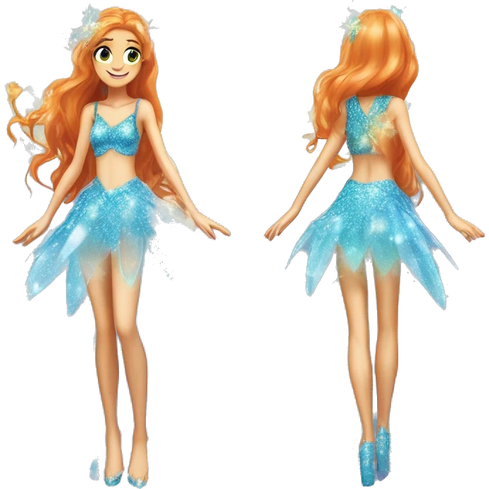 Bloom adult fairy of dragonflame in her enchantix fairy light blue sparkling two-piece clothing and fairy enchantix wings and long ginger hair in from winx club. Lots of sparkles and fairydust. Full body pic and full fairy bliss emoji