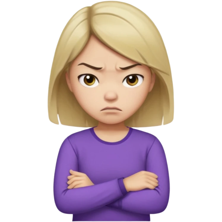 Angry Pouty girl with small asian eyes folding arms in a purple longsleeve shirt she has fair skin and medium length brown hair with blonde emoji