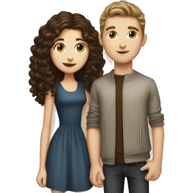 white girl with sleek brown long hair kissing a white boy with short curly dark brown hair emoji