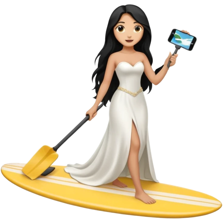 Bride black long hair holding her phone and long shovel with another hand. Under her feet, there is one surfing board. emoji
