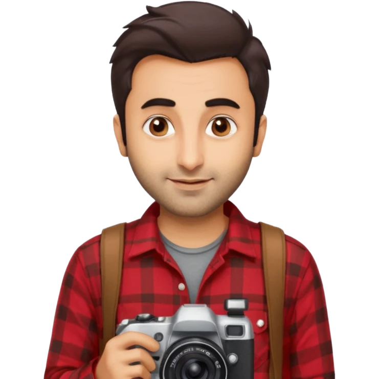 generate a pretty bratz emoji 
Make her look like Ranbir kapoor wearing a red flannel shirt, smirking and carrying a camera

he should look exactly  like ranbir kapoor!  emoji