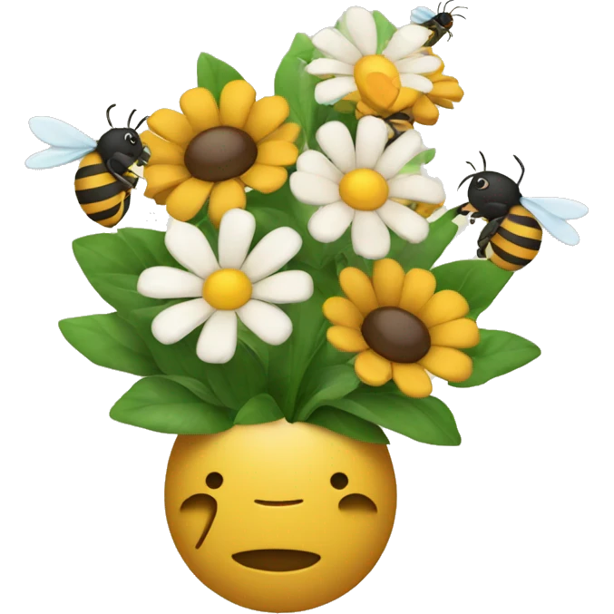 bouquet of flowers with 3 bees flying around it emoji
