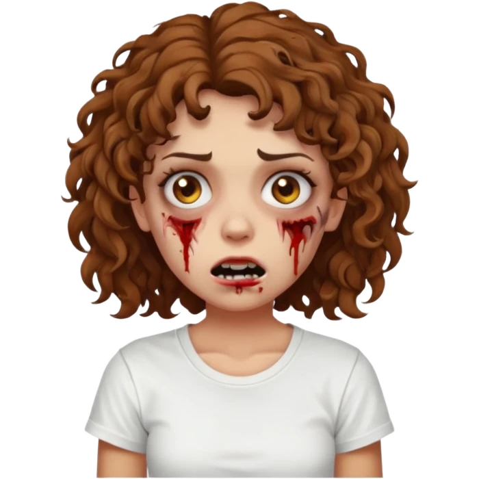 Zombie girl with curly brown hair como emoji de iphone y con la boca un poco lastimada haz que tenga una simple remera blanca puesta emoji