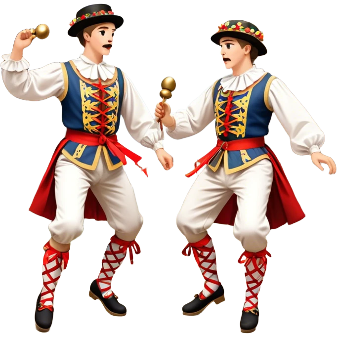 Cinematic Realistic scene of two performers executing a Morris Dance in full traditional costume—with bells, ribbons, and clogs—captured in dynamic motion against a rustic English backdrop and warm, golden lighting emoji