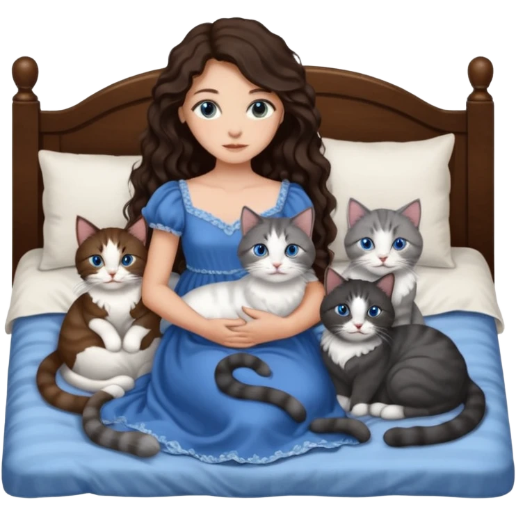 detailed realistic looking a dark grey and white cat regally laying with six other cats, cuddling with their owner in bed who is a pretty bratz lightly tanned white girl with long dark brown hair, blue eyes and gorgeous long wavy hair wearing a pretty detailed dress emoji