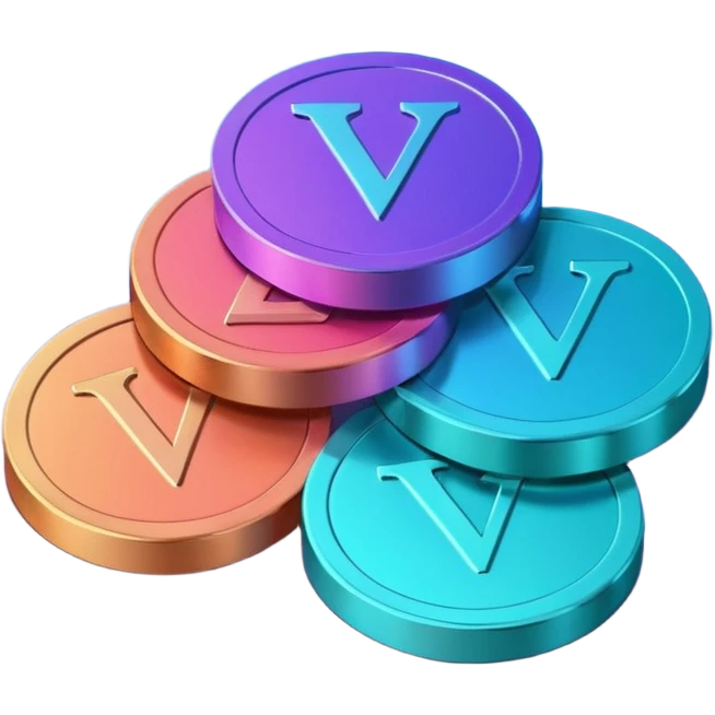 Stack of coins in gradient of turquoise, blue, pink, purple, and coral color with V letter emoji