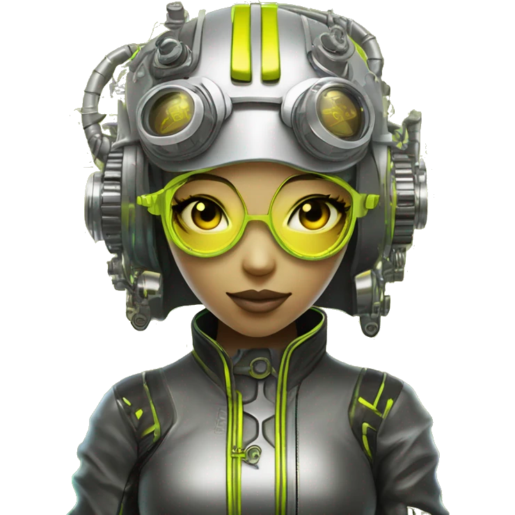 Neon yellow bobbed hair Asian female cyborg head with silver steampunk goggles and circuits emoji