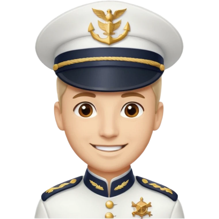 A light-skinned man with brown eyes, smiling while wearing a white captain’s hat with a navy emblem. emoji