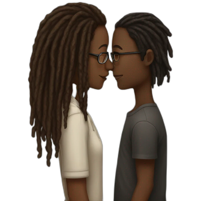Black boy with dreads covering face kissing brown girl with glasses emoji